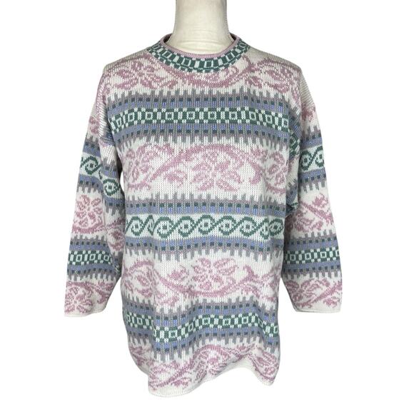 JJ Browne USA Vintage Acrylic Sweater Pink Blue White Crew Neck Size Large - Picture 2 of 7